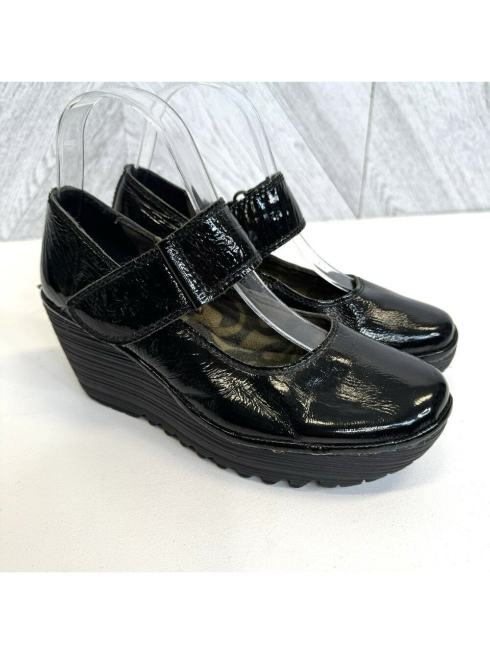 Fly London Black Patent Leather Mary-Jane Wedge Shoes Womens Size EU 37 US 7